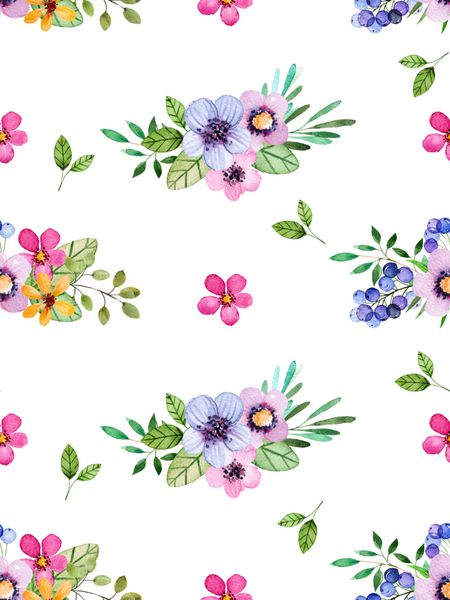 الگوی گلدار آبرنگ بدون درز با گل های چند رنگ برگ ها توت ها بافت گل های رنگارنگ تصویر بهار یا تابستان برای دعوت عروسی یا کارت تبریک می تواند برای کاغذ دیواری استفاده شود