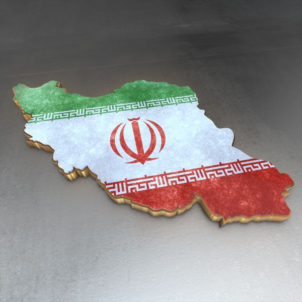 نقشه کشور ایران رندر سه بعدی تصویر ایزوله شده با پرچم و بافت فلزی طلایی رندر سه بعدی تصویر سه بعدی