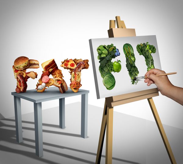 تمرکز رژیم غذایی و تغییر اهداف سبک زندگی تغذیه به عنوان فردی که زندگی بی جان را روی بوم نقاشی می کند از فست فودهای کلسترول چربی گرفته تا میوه ها و سبزیجات تازه سالم با عناصر تصویر سه بعدی