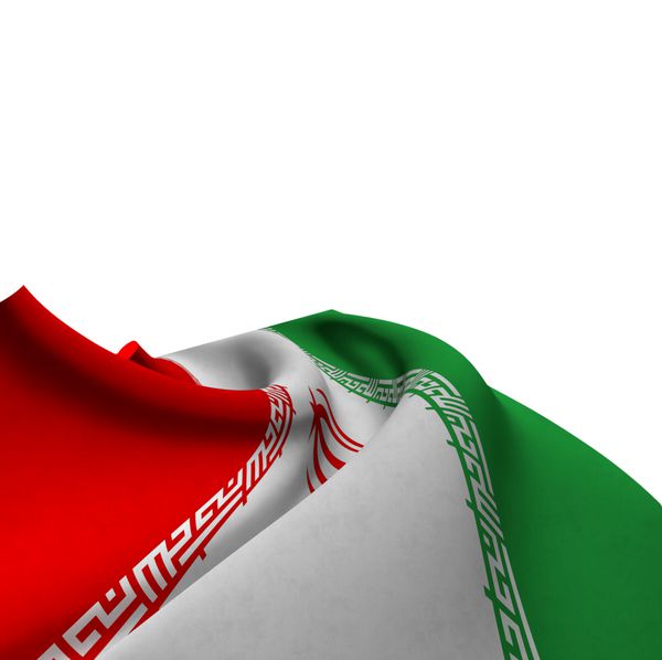 پرچم ایران ابریشمی نمای نزدیک فوق‌العاده به طرز استادانه‌ای تا شده و روی پس‌زمینه سفید تکیه داده شده - رندر سه‌بعدی