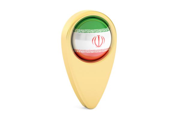 نشانگر نقشه با پرچم ایران رندر سه بعدی جدا شده در پس زمینه سفید