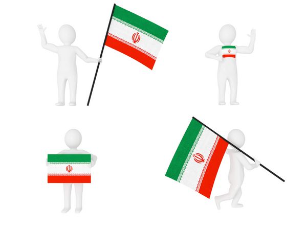 شخص سه بعدی با پرچم ایران جدا شده در زمینه سفید مرد چوبی