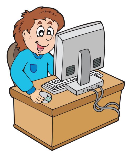 پسر کارتونی که با کامپیوتر کار می کند