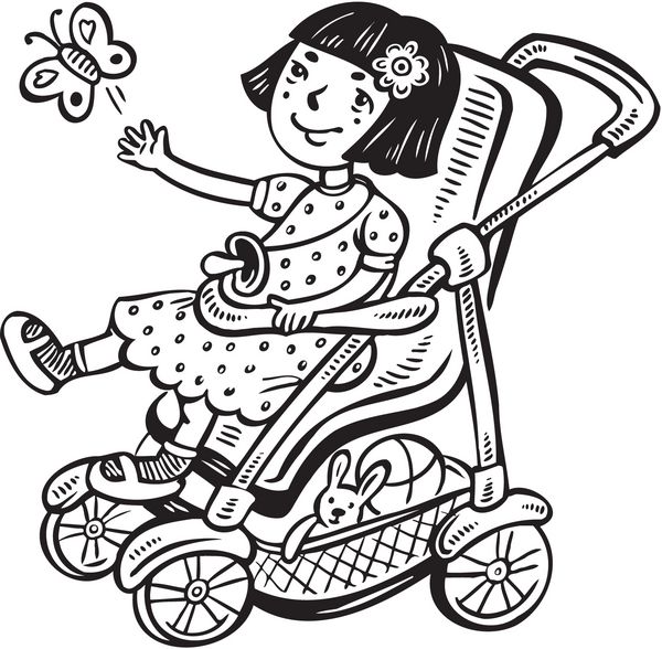 دختر در کالسکه با پستانک کودکان