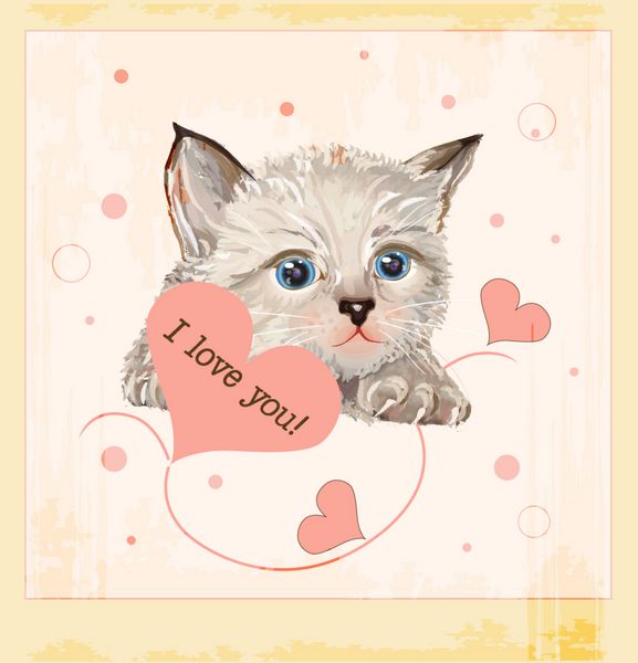 کارت تبریک روز با بچه گربه و قلب