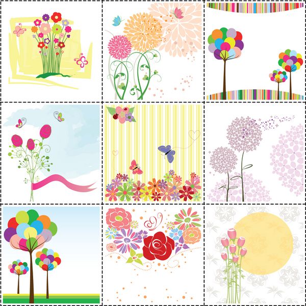 مجموعه ای از کارت پستال گل های رنگارنگ