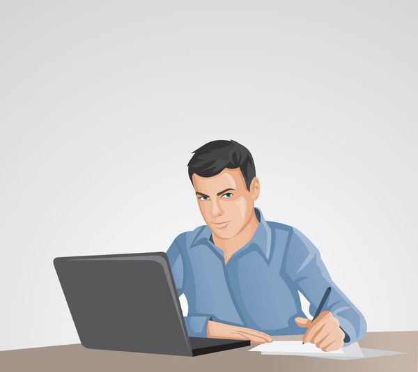 مردی با پیراهن آبی با استفاده از رایانه لپ تاپ