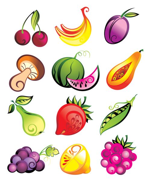 مجموعه وکتور میوه ها سبزیجات و انواع توت های تازه