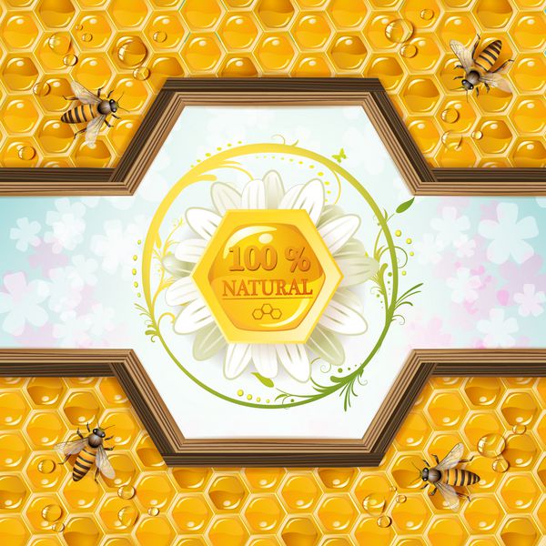 عسل و زنبورها روی پس زمینه گل