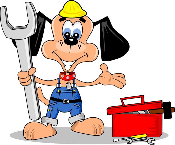 یک سگ کارتونی به عنوان یک مرد تعمیرکار دست ساز با ابزار