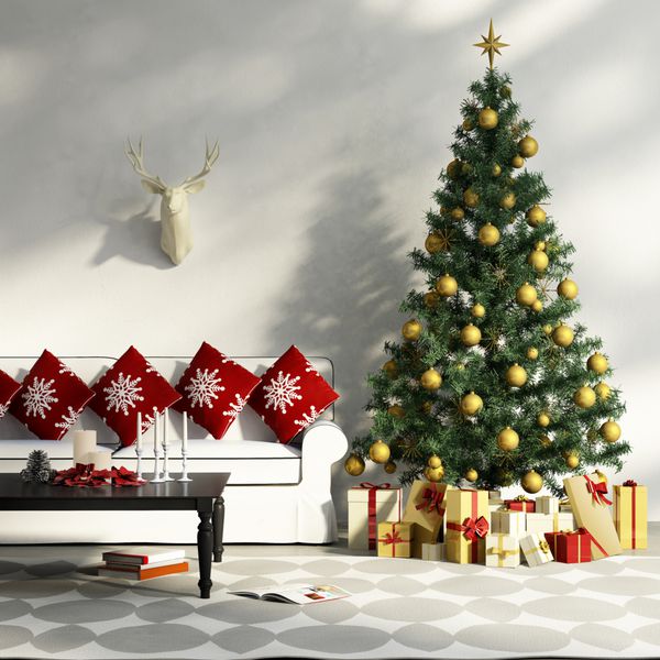 درخت کریسمس تزئین شده با هدایا مبل میز داخلی