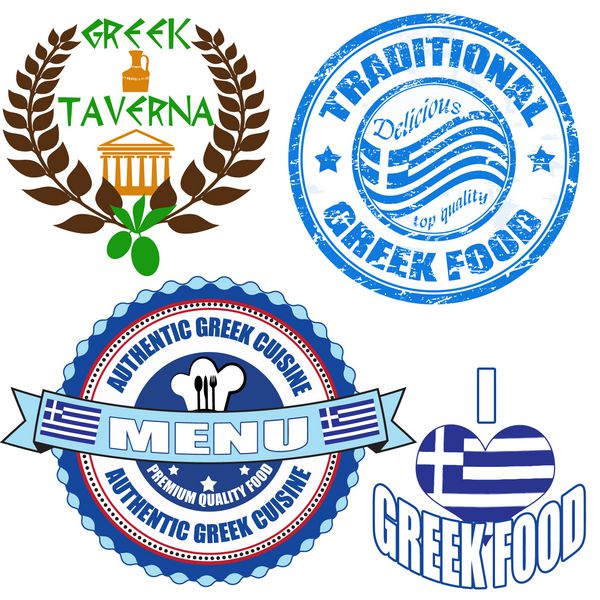 مجموعه ای از تمبرها و برچسب های غذای یونانی معتبر