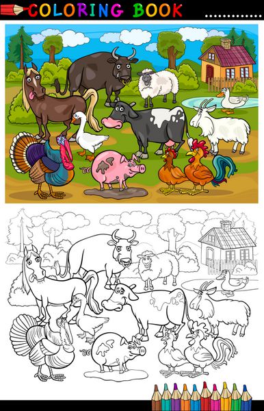 مزرعه کارتونی و حیوانات دام برای رنگ آمیزی