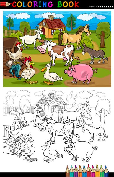 مزرعه کارتونی و حیوانات دام برای رنگ آمیزی