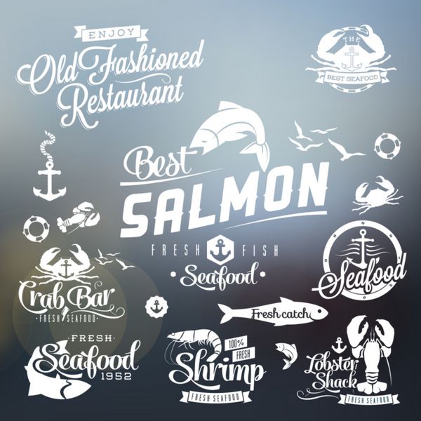 برچسب ها نشان ها و نمادهای تایپوگرافی رستوران غذاهای دریایی