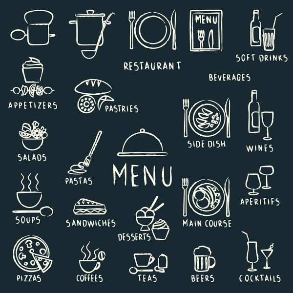 عناصر طراحی منوی رستوران با گچ روی تخته سیاه
