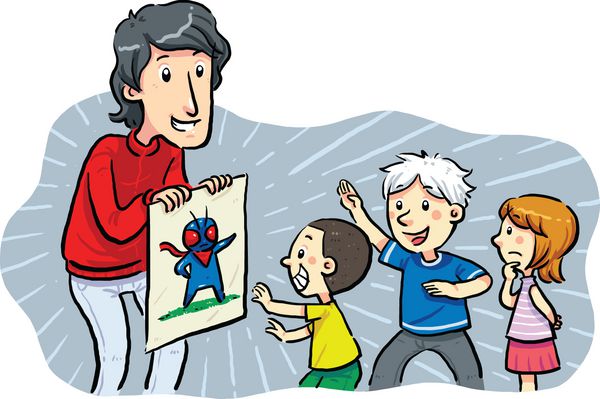 قهرمانان کودکان مردی که تصویر قهرمان را به کودکان نشان می دهد