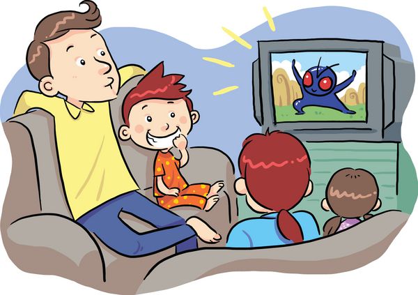 تماشای تلویزیون با خانواده یک خانواده در حال تماشای برنامه تلویزیونی