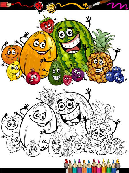 گروه میوه های کارتونی برای کتاب رنگ آمیزی