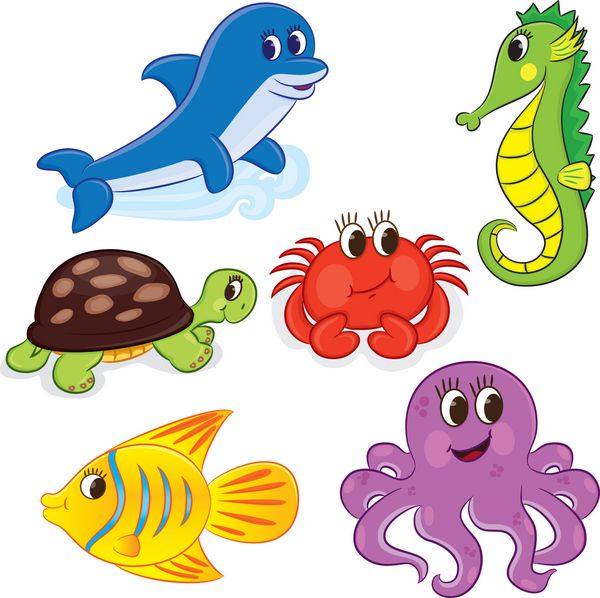 مجموعه ای از حیوانات دریایی کارتونی وکتور برای رنگ آمیزی