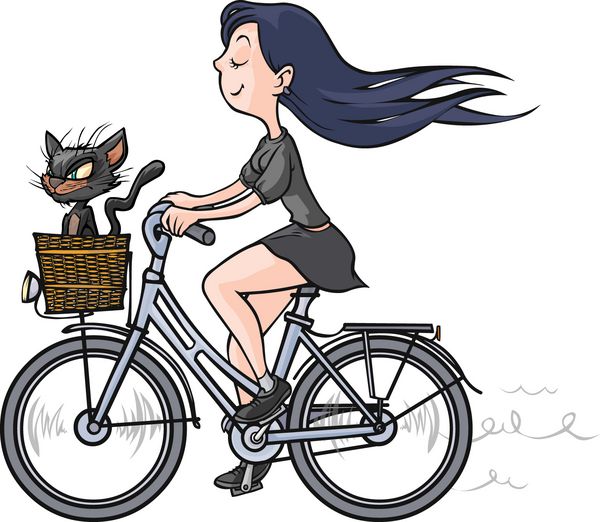 دختری با گربه سیاه روی دوچرخه