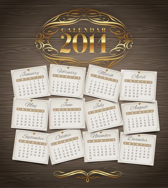 تقویم سال 2014 با عناصر تزئین شده طلایی