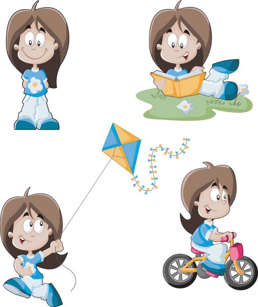 دختر کارتونی ناز دوچرخه سواری خواندن و پرواز بادبادک