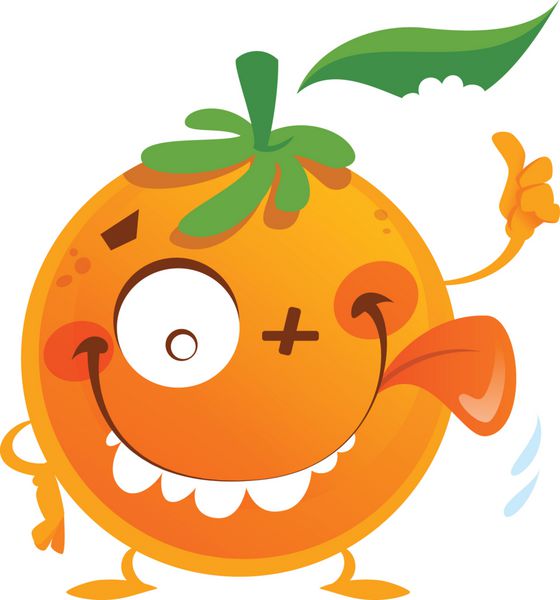 شخصیت میوه پرتقالی کارتونی دیوانه که ژست شست را به بالا نشان می دهد