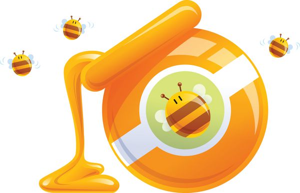 کارتونی عسل طبیعی پرتقال در ریختن شیشه و زنبورها