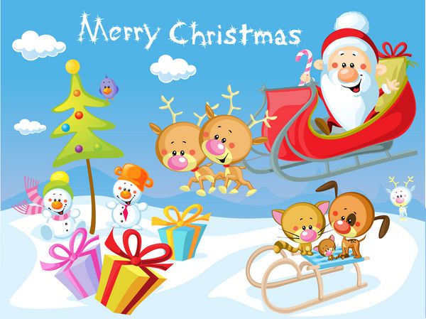 طرح کریسمس مبارک با سورتمه بابا نوئل درخت کریسمس