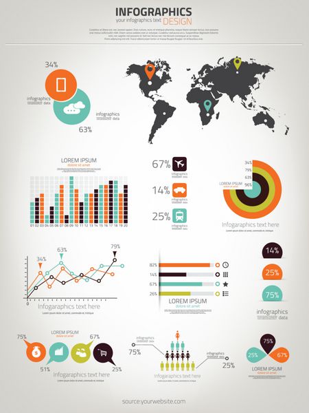 مجموعه اینفوگرافیک نقشه جهان و گرافیک اطلاعات بردار