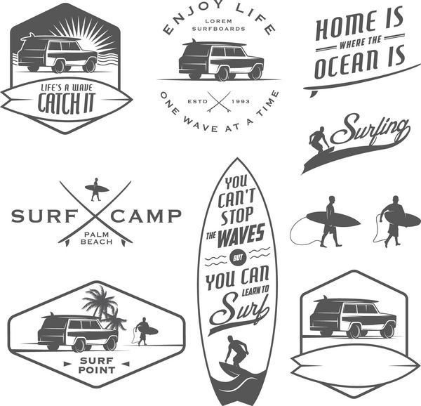 مجموعه ای از برچسب های موج سواری قدیمی نشان ها و عناصر طراحی