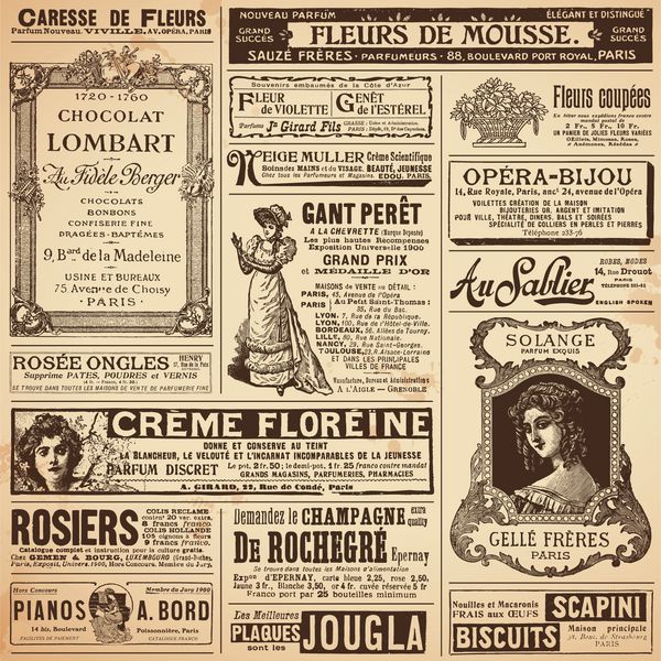 الگوهای پس زمینه ساخته شده از تبلیغات فرانسوی قدیمی در موضوعات زنانه