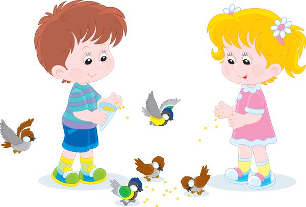 کودکان به پرندگان کوچک غذا می دهند