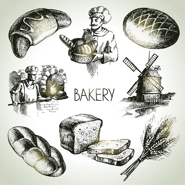 مجموعه آیکون طرح نانوایی تصاویر نقاشی دستی قدیمی