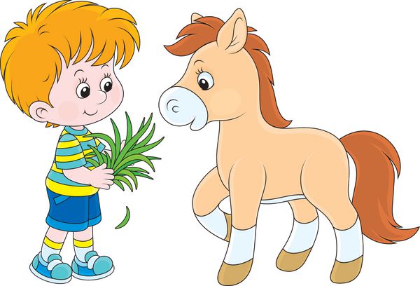 پسر بچه در حال غذا دادن به یک اسب