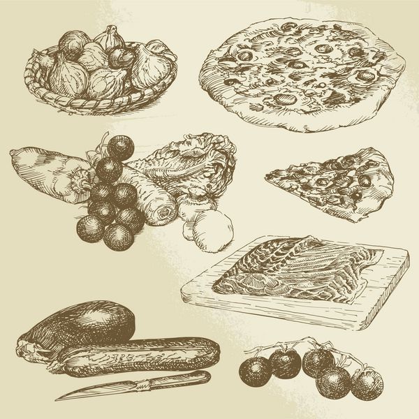 غذای ایتالیایی مجموعه ای با دست کشیده - پیتزا سبزیجات
