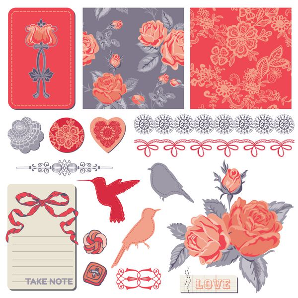 عناصر طراحی دفترچه - گل رز و پرندگان قدیمی - به صورت وکتور