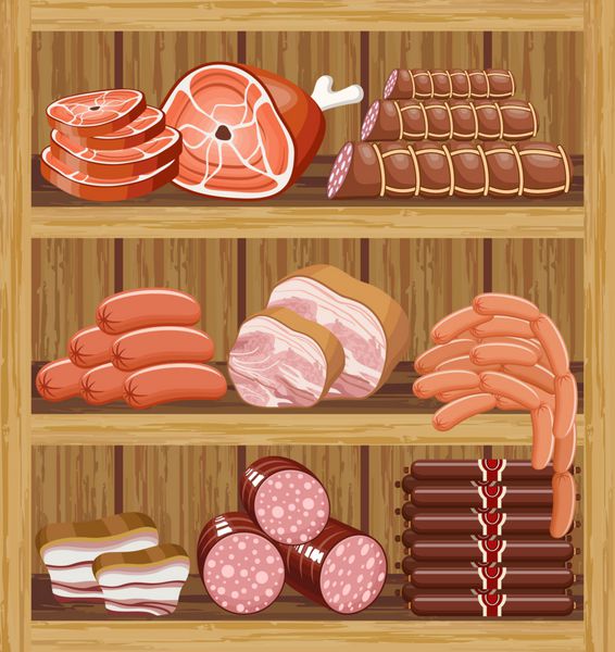 قفسه هایی با محصولات گوشتی بازار گوشت