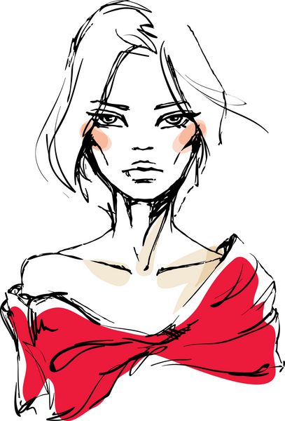 طرحی از زن جوان با لباس قرمز با پاپیون