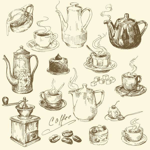 مجموعه قهوه - تصویر کشیده شده با دست