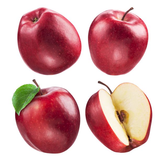 مجموعه سیب قرمز مجموعه ای از میوه ها و برگ های جدا شده روی سفید