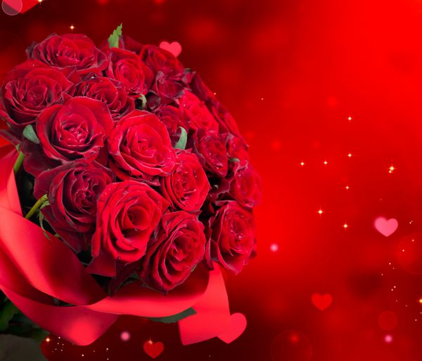 دسته گل رز و پس زمینه قلب یا کارت عروسی طراحی روز قرمز دسته گل رز
