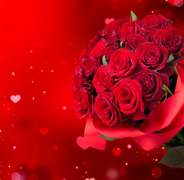 دسته گل رز و پس زمینه قلب یا کارت عروسی طراحی روز قرمز دسته گل رز