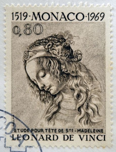 موناکو - حدود 1969 تمبر چاپ شده در موناکو نشان می دهد که مطالعه برای سنت مادلین توسط لئوناردو داوینچی در حدود 1969
