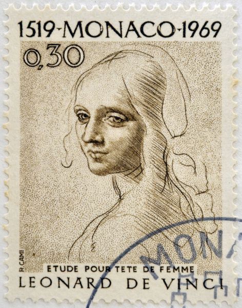 موناکو - حدود 1969 تمبر چاپ شده در موناکو نشان می دهد مطالعه برای سر زن توسط لئوناردو داوینچی در حدود 1969