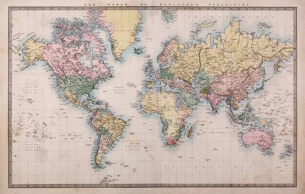 نقشه دست رنگی اصلی جهان بر روی طرح مرکاتورها در حدود سال 1860 کشورها همانطور که در آن زمان بودند نامگذاری شده اند یعنی ایران عربستان و غیره چند لکه همانطور که برای نقشه ای بیش از 150 سال پیش بینی می شود