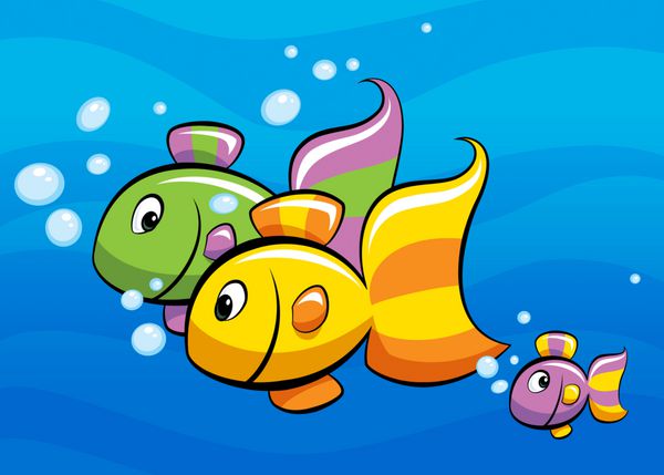 یک کارتون رنگارنگ شنای خانواده ماهی استوایی