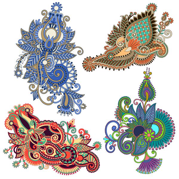 طرح گل آراسته با خط نقاشی اصلی سبک سنتی اوکراینی مجموعه وکتور
