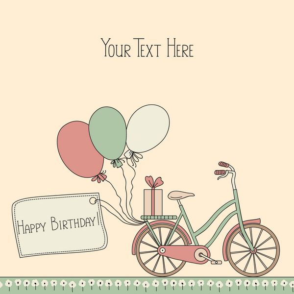 وکتور با دوچرخه بادکنک و pl برای متن شما می توان برای جشن کارت تولد استفاده کرد